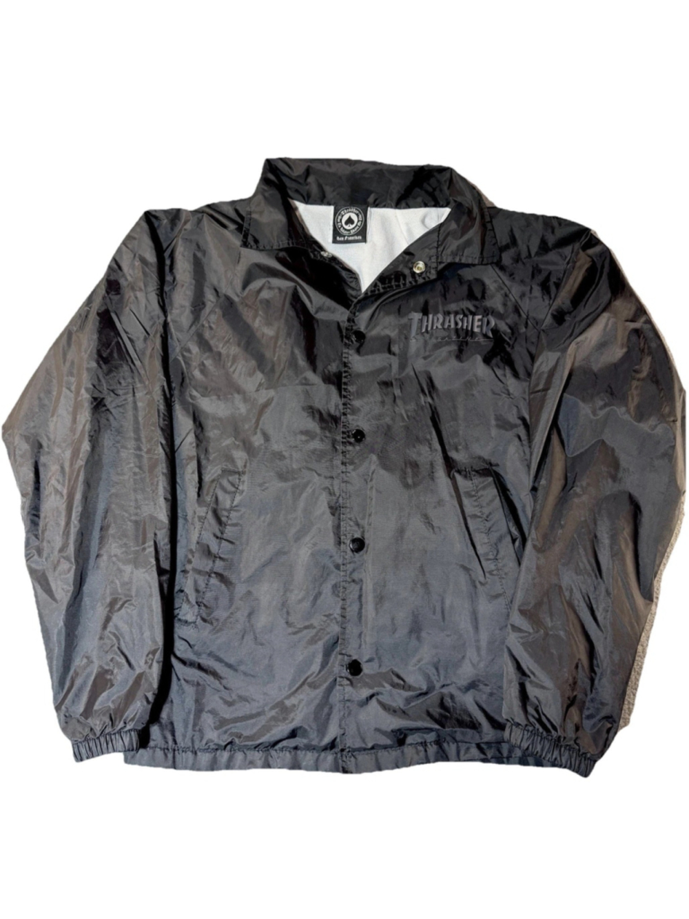 Y2K Thrasher Magazine "Skate and Destroy" Black Coach Jacket Tonal Logo Size S